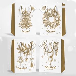 Saco de Papel Feliz Natal Dourado Médio