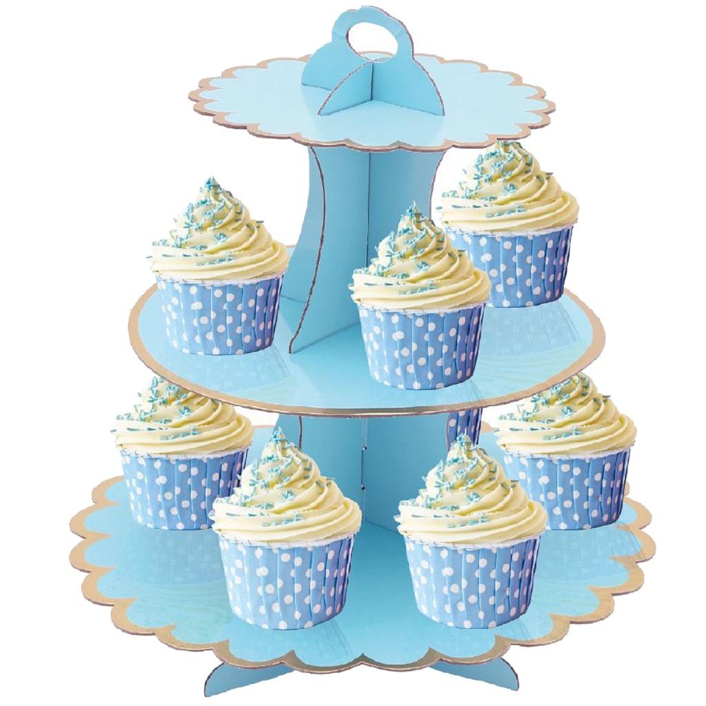 Suporte Cupcakes Azul com Rebordo Dourado, 3 andares