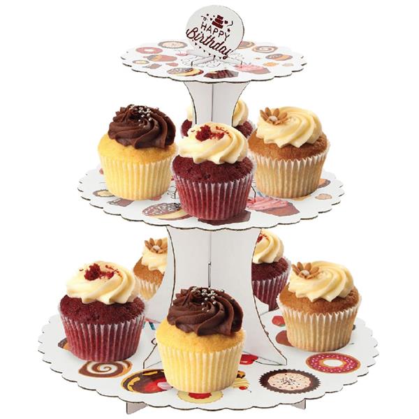 Suporte Cupcakes Happy Birthday com Bolos, 3 andares