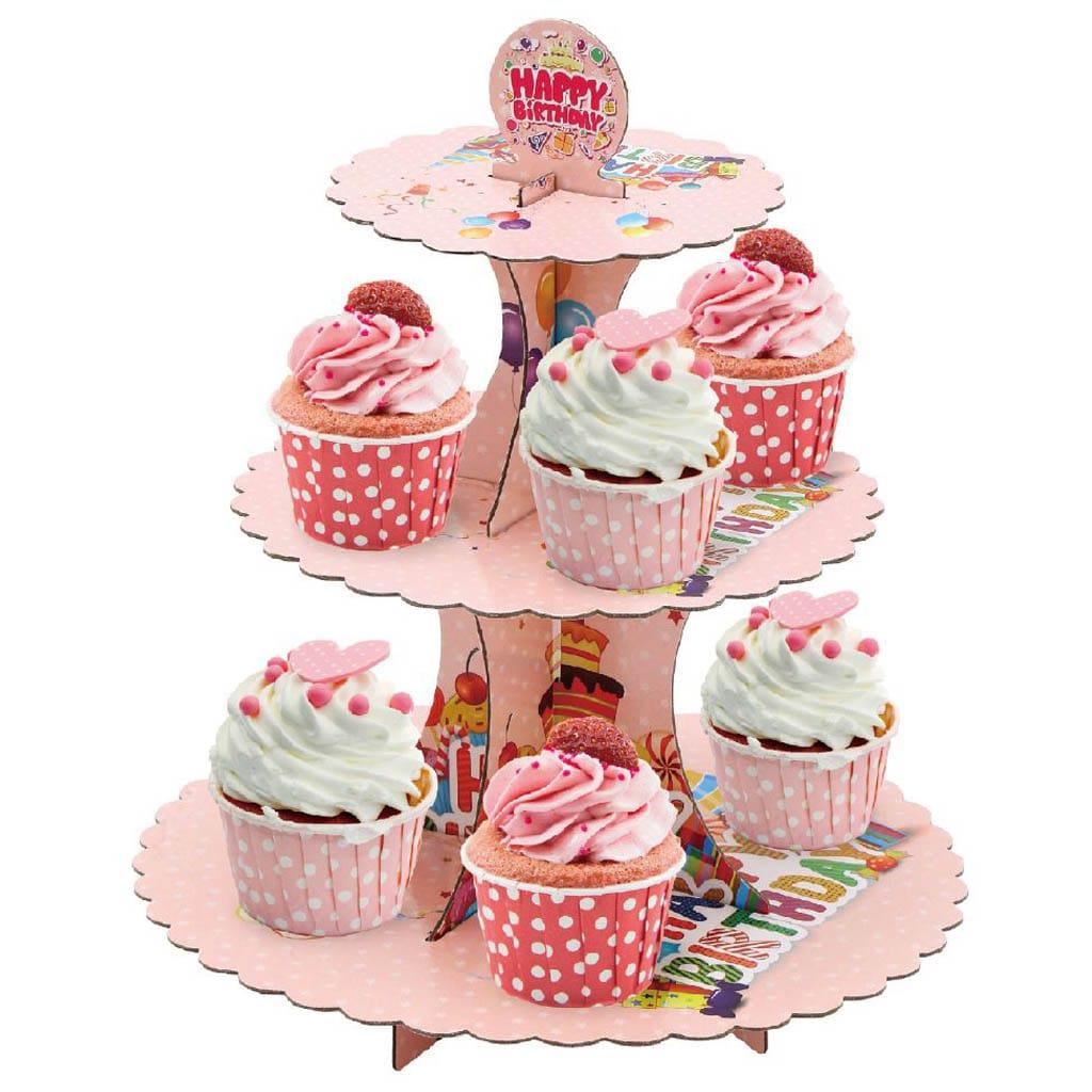 Suporte Cupcakes Happy Birthday Rosa, 3 andares