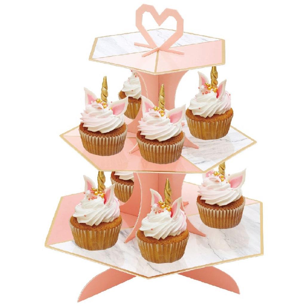 Suporte Cupcakes Hexagonal Rosa, 3 andares