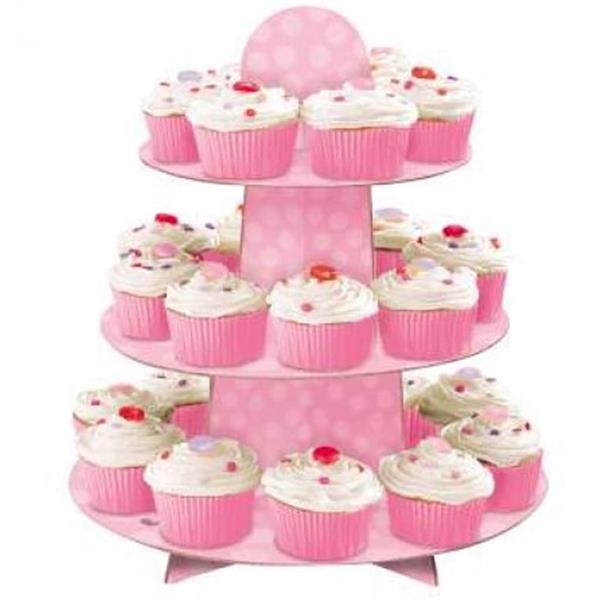 Suporte Cupcakes Rosa com Bolinhas, 3 andares