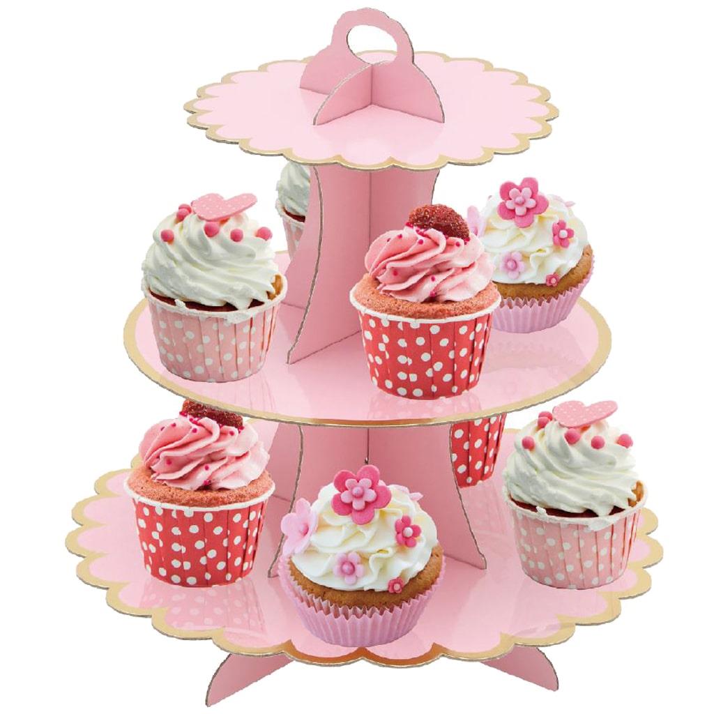 Suporte Cupcakes Rosa com Rebordo Dourado, 3 andares