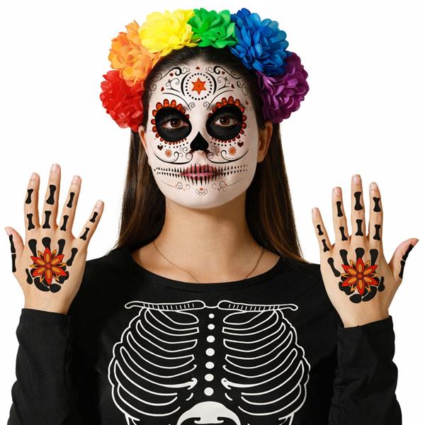 Tatuagem Temporária Rosto e Mãos de Caveira Mexicana