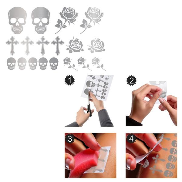 Tatuagens Adesivas Caveiras, Cruzes e Flores Prateado