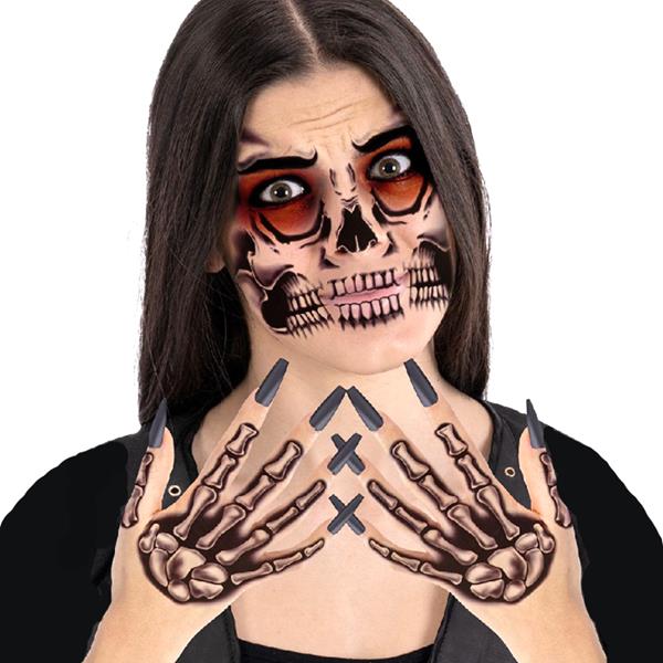 Tatuagens Adesivas Rosto e Mãos de Caveira