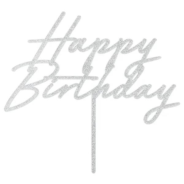 Topper Acrílico Happy Birthday Prateado com Glitter Topper Acrílico Happy Birthday Prateado com Glitter