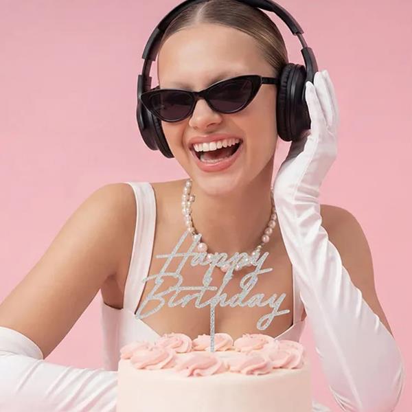 Topper Acrílico Happy Birthday Prateado com Glitter