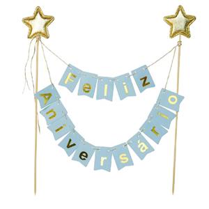 Topper Feliz Aniversário Azul com Estrelas