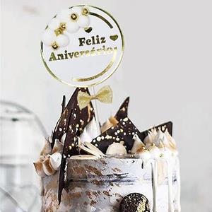 Topper Feliz Aniversário Branco com Bolinhas