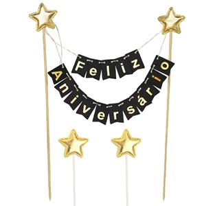 Topper Feliz Aniversário Preto com Estrelas