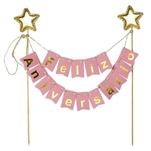 Topper Feliz Aniversário Rosa com Estrelas
