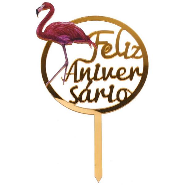 Topper Flamingo Feliz Aniversário Dourado