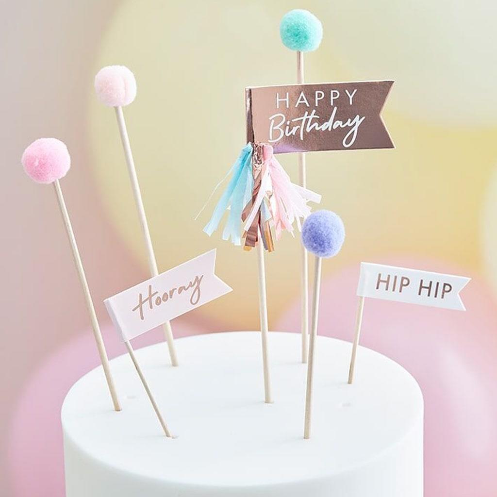 Toppers Happy Birthday com Pompons Pastel