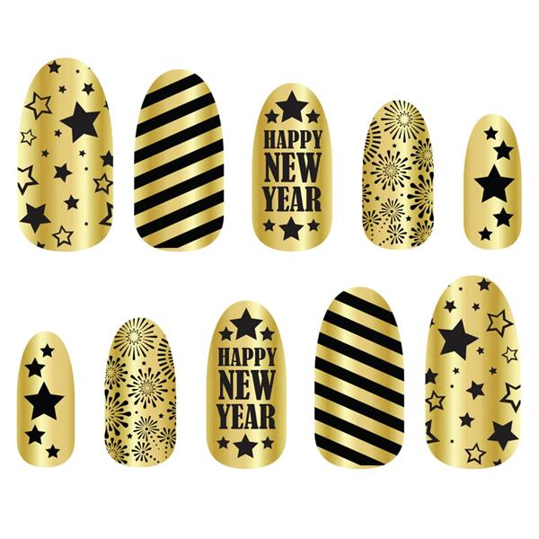 Unhas Postiças Happy New Year Douradas e Pretas