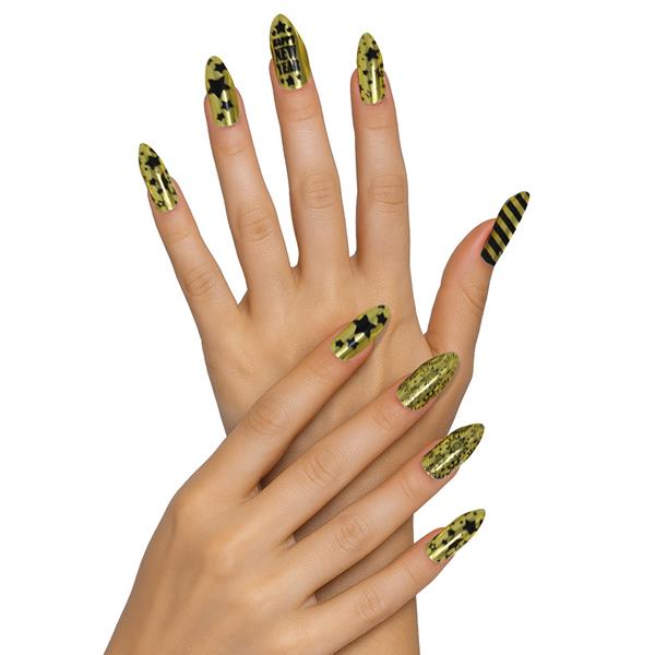 Unhas Postiças Happy New Year Douradas e Pretas