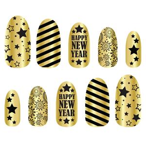 Unhas Postiças Happy New Year Douradas e Pretas Unhas Postiças Happy New Year Douradas e Pretas