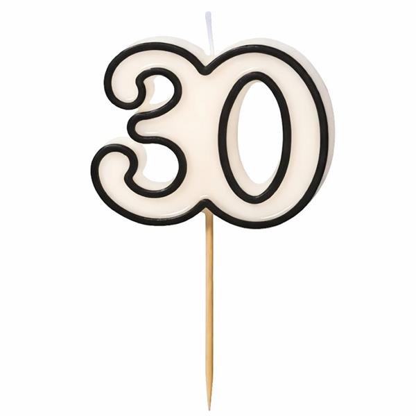 Vela 30 anos Branca com Rebordo Preto, 5 cm