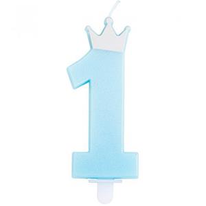 Vela Aniversário Azul Número 1 com Coroa, 9 cm