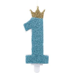 Vela Aniversário Azul Número 1 com Coroa e Glitter
