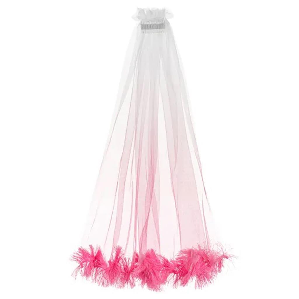 Véu Branco com Franjas Rosa