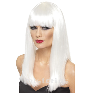 Peruca Comprida Branca Com Franja